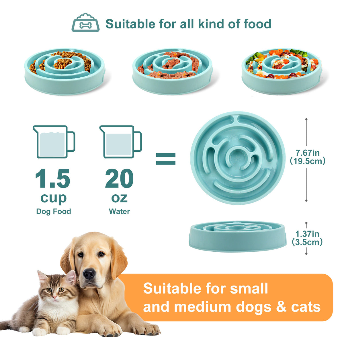 Supplier size and capacity diagram for the blue slow feeder bowl