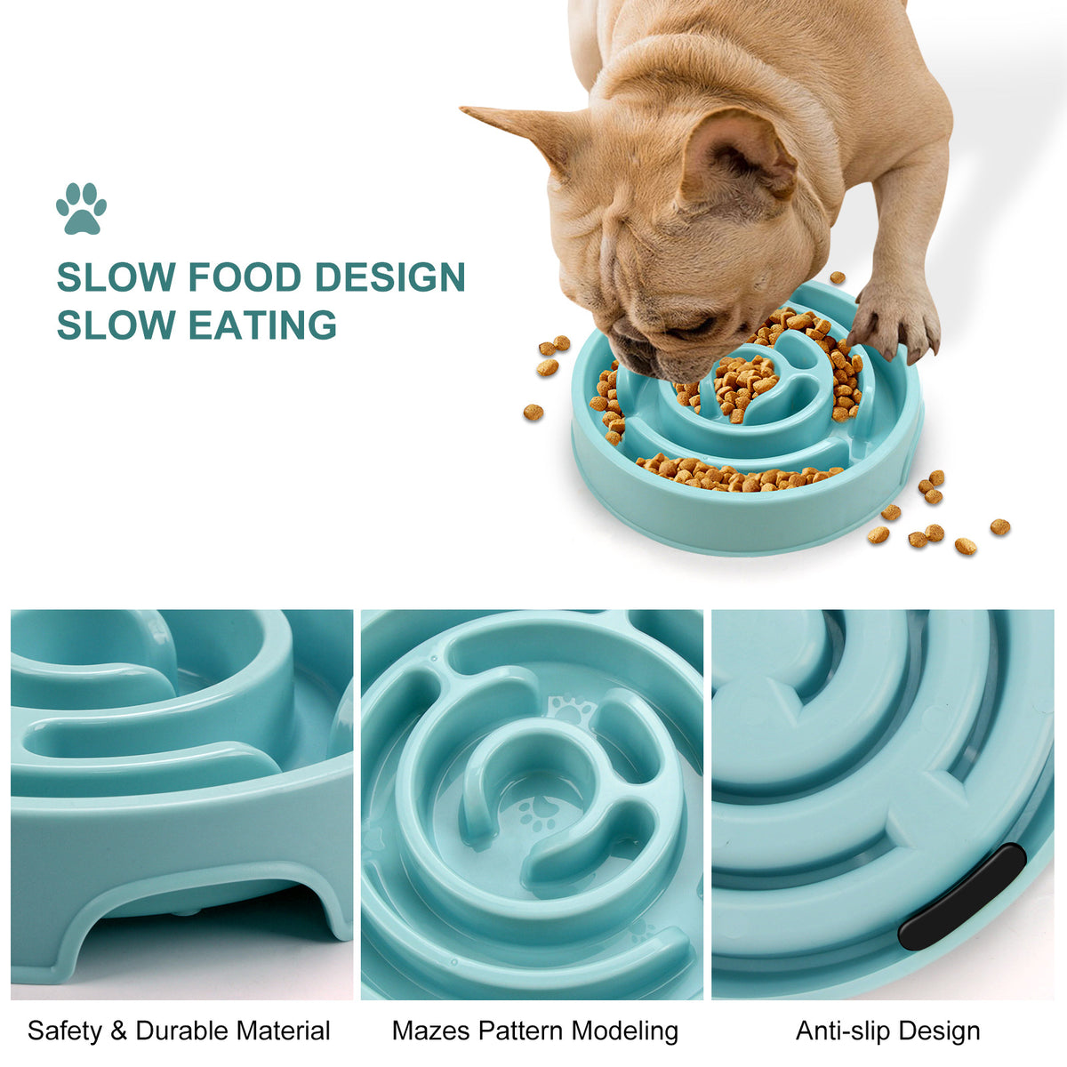 Blue spiral slow feeder bowl with raised channels and base details