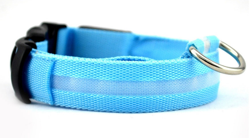 Blue nylon LED dog collar with buckle and metal ring