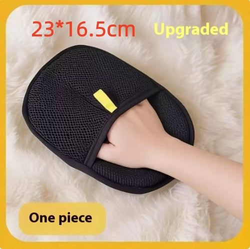 Black pet hair remover mitt with dimensions marked