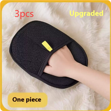 Black reusable pet hair remover mitt shown on fur with supplier pack label