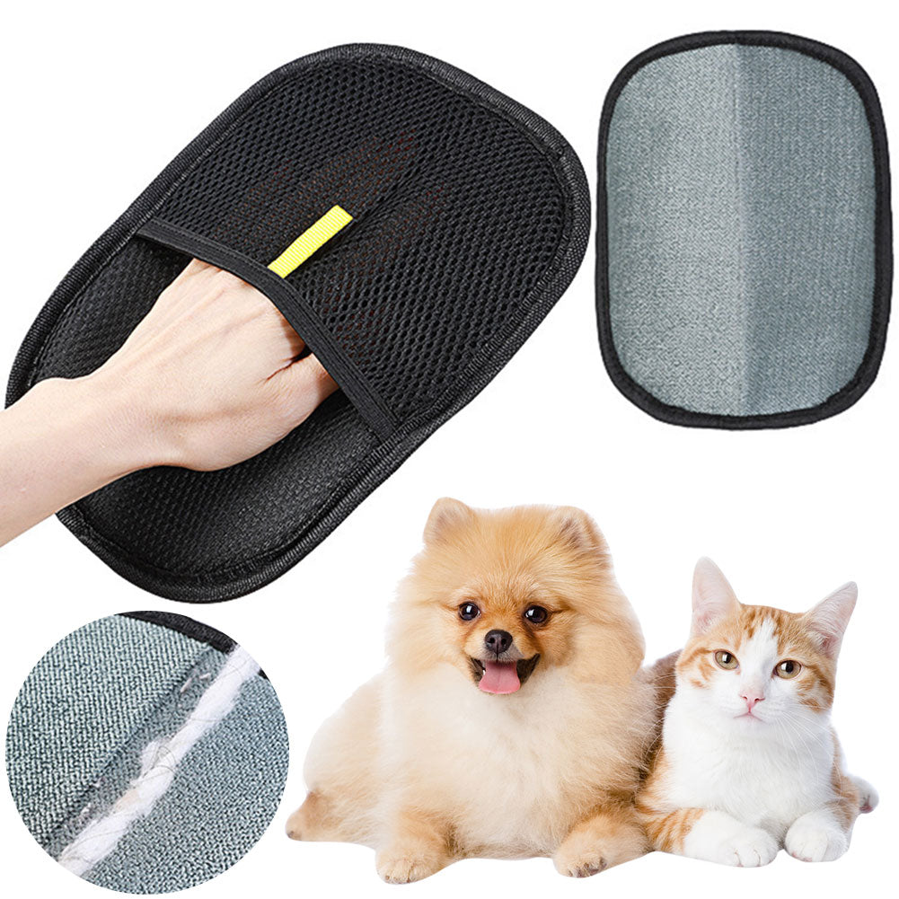 Black pet hair remover mitt shown with a dog and cat