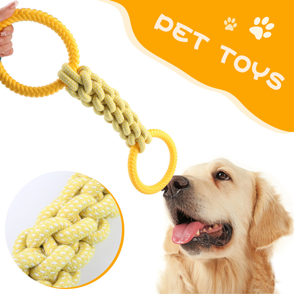 Yellow double-loop rope tug toy shown for interactive play
