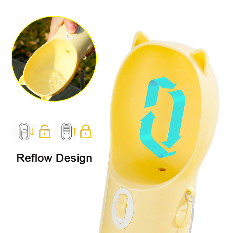 Portable dog water bottle bowl showing water return controls
