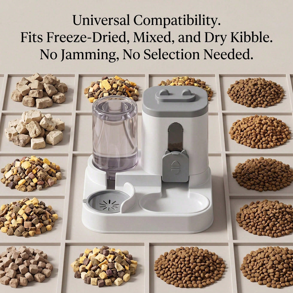 Gravity feeder shown beside examples of dry pet food