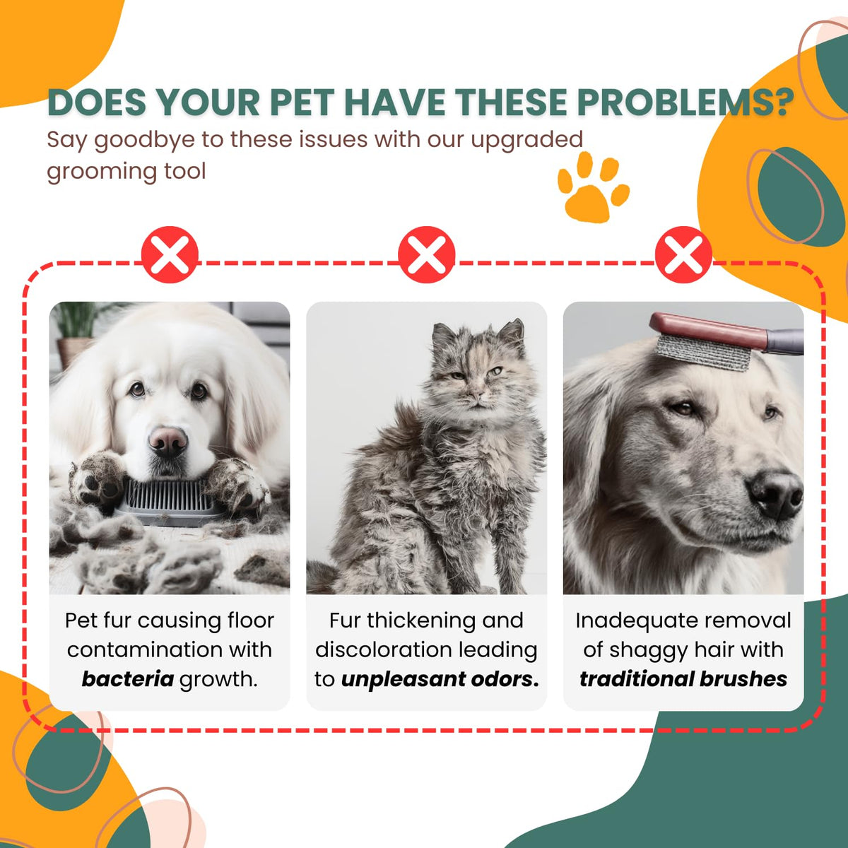 Illustrated pet coat concerns and grooming brush comparison