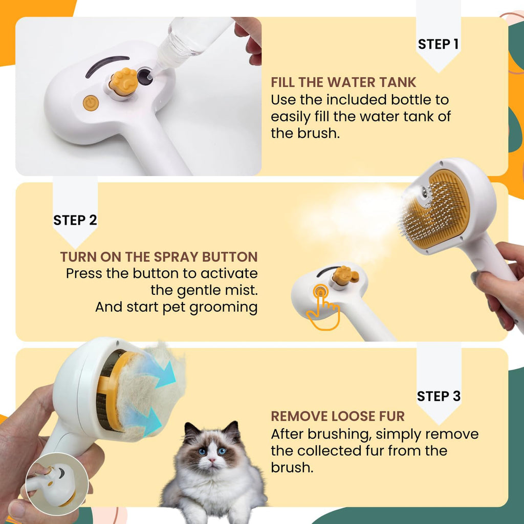 Steps for filling and using the Pawly GloBrush mist grooming brush